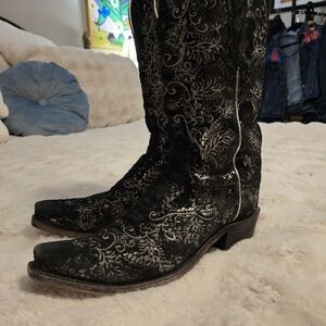 Lucchese Black Leather Western Boots with White Logo